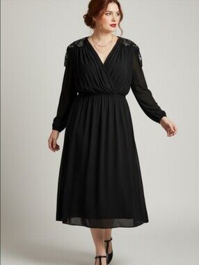 Vintage Silk Black Draped Long Sleeve Evening Dress with Sequin Shoulders